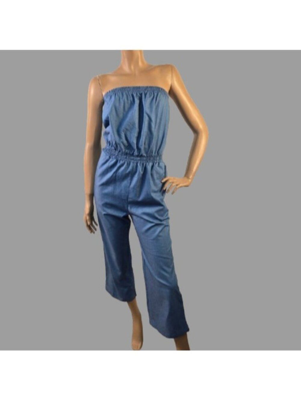 OC Order Plus Chambray Jumpsuit Women Size Small Blue Sleeveless Cropped